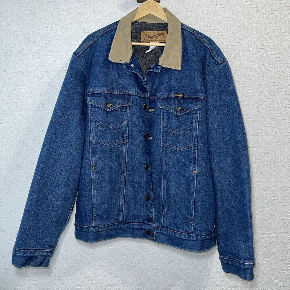 VTG Wrangler Fleece Lined Blue Denim Western Jacket Mens 46 Tan‎ Corduroy Collar